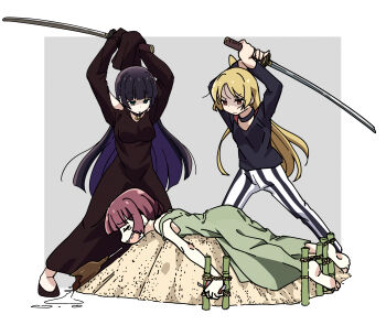 3girls absurdres ahoge bamboo barefoot black_choker black_dress black_hair black_pants black_shirt blonde_hair blue_eyes bocchi_the_rock! broken_bottle choker closed_eyes closed_mouth colored_inner_hair crying dress ear_piercing execution face_piercing goumonsha green_dress highres hiroi_kikuri holding holding_sword holding_weapon ijichi_seika imminent_death katana lip_piercing long_hair long_sleeves lying multicolored_hair multiple_girls on_stomach pa-san pants piercing purple_hair red_eyes sharp_teeth shirt strap_slip striped_clothes striped_pants sword teeth weapon white_pants