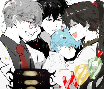 Rule 34 | 2boys, 2girls, angela (project moon), ayin (project moon), benjamin (project moon), black hair, black shirt, blue hair, brown hair, carmen (project moon), coat, collared shirt, crying, ggame ming, glasses, high ponytail, highres, lapels, library of ruina, lobotomy corporation, long hair, multiple boys, multiple girls, necktie, notched lapels, open mouth, ponytail, project moon, red necktie, shirt, short hair, smile, sweat, white coat, yellow eyes