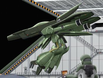 1boy astronaut cable commentary_request gaza-c gundam gundam_unicorn hangar helmet henshin machinery mecha mobile_suit neo_zeon robot screen sign space space_habitat space_helmet space_station spacecraft_interior stairs stairwell transformation warning_sign yamarata