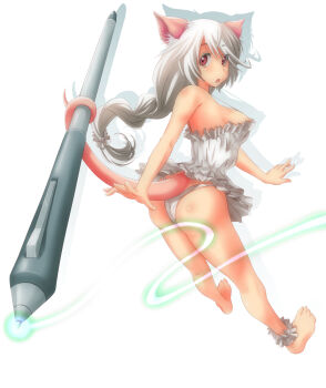 1girl :o animal_ears ankle_garter anklet ao_usagi ass bare_shoulders barefoot breasts female_focus fictional_persona from_behind full_body jewelry long_hair looking_back medium_breasts mouse_ears mouse_tail open_mouth original panties pink_eyes prehensile_tail self-portrait shadow shiro_nezumi shironezumi-sensei simple_background solo stylus tail underwear white_hair