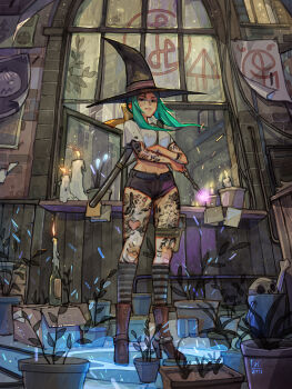 1girl arm_tattoo artist_logo bandaid bandaid_on_cheek bandaid_on_face bandaid_on_knee bandaid_on_leg black_hat black_shorts black_socks blue_magic_circle bone boots bottle box brown_boots bucket candle cityscape commentary crop_top crossed_arms dated earrings full_body glowing glowing_weapon green_hair grey_socks hat hat_ribbon heart heart_tattoo high_heel_boots high_heels highres holding holding_wand holster indoors jewelry kneehighs leg_tattoo logo long_sidelocks looking_at_viewer magic magic_circle open_window original plant poster_(object) potted_plant purple_ribbon ribbon runes saya_(scabbard) shirt short_hair_with_long_locks short_shorts shorts sidelocks simz skull socks solo sparks standing striped_clothes striped_socks sword sword_on_back tattoo thigh_holster wand weapon weapon_on_back white_shirt window wine_bottle witch witch_hat