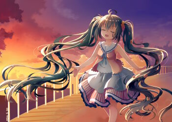 1girl ^_^ absurdres antenna_hair apron backlighting bare_arms blue_ribbon blush breasts buji closed_eyes cloud cloudy_sky commentary_request dated evening feet_out_of_frame flower frilled_shirt_collar frills green_hair hair_flower hair_ornament hatsune_miku highres long_hair neck_ribbon open_hands open_mouth outdoors pink_flower pink_skirt pink_vest ribbon sailor_collar shirt skirt sky skyline sleeveless sleeveless_shirt small_breasts smile solo twintails very_long_hair vest vocaloid waist_apron walking white_apron white_sailor_collar