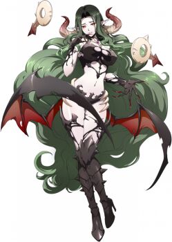 1girl armored_boots bare_shoulders bat_wings big_hair black_wings boots breasts brooch claws cleavage colored_skin curtained_hair demon_girl demon_horns demon_wings fingernails floating floating_object fluffy_hair full_body game_cg gem green_eyes hand_to_own_mouth high_heels horns jewelry knee_boots langrisser langrisser_mobile langrisser_re:incarnation large_breasts leg_up long_hair looking_at_viewer low_wings navel official_art open_mouth patsyr_(langrisser) pointy_ears purple_gemstone red_claws red_eyes red_nails red_wings revealing_clothes sharp_fingernails smile solo standing standing_on_one_leg stomach tachi-e thighs third-party_source torn_wings transparent_background two-tone_wings very_long_hair white_skin wings