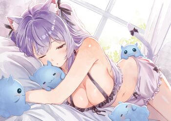 1girl absurdres animal_ear_fluff animal_ears black_bow black_ribbon bow breasts cat_ears cat_tail cleavage hair_ribbon highres indie_virtual_youtuber lying nasai_ikumi navel on_side one_eye_closed pillow purple_hair red_eyes ribbon sebu_illust second-party_source tail tail_bow tail_ornament virtual_youtuber