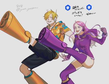 1boy 1girl absurdres artist_name ass blonde_hair facial_hair bad_tag highres jewelry_bonney jewelry_bonney_(egghead) kicking leg_up leotard long_hair mustache_stubble one_piece pink_hair purple_leotard sanji_(one_piece) sanji_(one_piece)_(egghead) shorts signature smile standing standing_on_one_leg stubble twitter_username yao_yasan