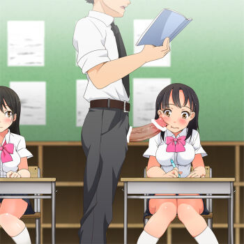1boy 2girls aomizuan black_hair blush book bow breasts brown_eyes censored cheek_poking classroom desk facejob female_focus gekka_f-to indoors large_breasts large_penis male_teacher multiple_girls original penis penis_on_face penis_poking_cheek pointless_censoring poking school school_desk school_uniform skirt socks sweat teacher teacher_and_student white_legwear
