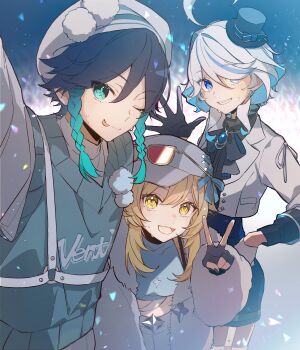 1boy 2girls absurdres aiwo_o_lite black_hair blonde_hair blue_eyes blue_hair blue_hat blue_shirt braid character_name clothes_writing commentary cropped_shirt eyewear_on_head fingerless_gloves fur_jacket furina_(genshin_impact) furina_(live_actually)_(genshin_impact) genshin_impact gloves gradient_hair green_eyes green_hair green_sweater_vest grin hair_between_eyes hat heterochromia highres hoyofair jacket looking_at_viewer lumine_(genshin_impact) lumine_(live_actually)_(genshin_impact) mini_hat multicolored_hair multiple_girls nail_polish official_alternate_costume one_eye_closed open_mouth pom_pom_(clothes) reaching reaching_towards_viewer selfie shirt short_hair_with_long_locks side_braids smile streaked_hair sweater_vest symbol-only_commentary tinted_eyewear tongue tongue_out twin_braids v venti_(genshin_impact) venti_(live_actually)_(genshin_impact) white_hat white_jacket yellow_eyes