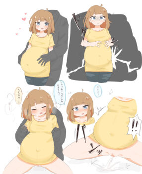 ! 1boy 1girl age_difference ahoge amniotic_fluid artist_request blue_eyes blush breasts brown_hair clitoris contractions giving_birth gluteal_fold heart idolmaster idolmaster_million_live! japanese_text lowres medium_breasts navel no_panties out_of_frame partially_undressed pregnant pregnant_loli pussy sequential shirt short_hair size_difference solo_focus spoken_exclamation_mark spread_legs suou_momoko text_focus translation_request uncensored water_break