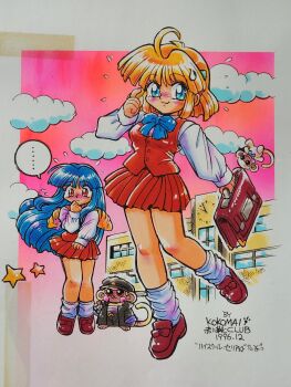 ... 2girls ahoge animal artist_name black_hat black_jacket black_pants blonde_hair blue_bow blue_bowtie blue_eyes blue_hair blush bow bowtie briefcase brown_shoes celia_hasselberg character_charm charm_(object) circle_name closed_mouth clothed_animal cloud comedic_sweatdrop commentary crime_crackers dated embarrassed enkuu_(crime_crackers) flying_sweatdrops full_body hand_up hat highres holding holding_briefcase jacket kokomahi loafers long_hair long_sleeves looking_at_viewer looking_down loose_socks miniskirt monkey multiple_girls pants peaked_cap pink_sky pleated_skirt puffy_sleeves red_eyes red_skirt red_vest sarashi school school_briefcase school_uniform shirt shoes short_hair skirt sky sleeves_past_wrists smile socks speech_bubble spoken_ellipsis standing star_(symbol) traditional_media very_long_hair vest wendy_wilkinson white_shirt white_socks wind wind_lift window wing_covers wings