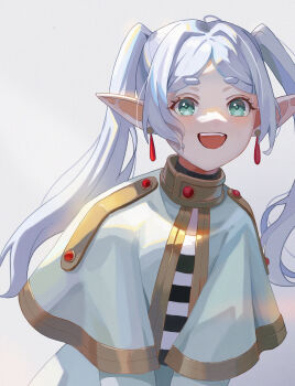 1girl belt black_shirt capelet commentary_request earrings elf frieren gold_trim green_eyes grey_background highres jewelry long_hair long_sleeves looking_at_viewer open_mouth pantyhose parted_bangs plain_epaulettes pointy_ears shirt simple_background sleeve_cuffs smile solo sousou_no_frieren striped_clothes striped_shirt twintails white_capelet white_hair white_shirt xiaoya_(user_nvhw7428)