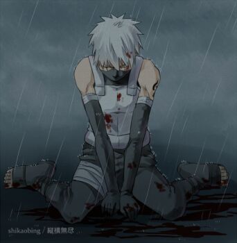 1boy aged_down artist_name black_gloves blood blood_in_hair blood_on_clothes closed_eyes commentary_request elbow_gloves flak_jacket full_body gloves hatake_kakashi head_down jacket konohagakure_anbu_uniform male_focus mask mouth_mask naruto_(series) naruto_shippuuden ninja ninja_mask rain shikaobing sitting solo wariza white_hair