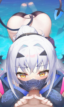 1girl ass bikini black_bikini black_jacket censored cropped_jacket dragon_girl dragon_tail fate/grand_order fate_(series) fellatio forked_eyebrows hetero high_ponytail highres hongshi_(13234456009) jacket loli long_hair long_sleeves looking_at_viewer mask melusine_(fate) melusine_(swimsuit_ruler)_(fate) melusine_(swimsuit_ruler)_(first_ascension)_(fate) messy_hair mouth_mask oral penis ponytail shrug_(clothing) sidelocks swimsuit tail water white_hair wide_hips yellow_eyes