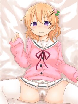 Rule 34 | 1girl, arm at side, bed sheet, blonde hair, blush, breasts, buttons, clenched teeth, dakimakura (medium), female focus, flower, from above, gochuumon wa usagi desu ka?, hair flower, hair ornament, hairclip, hand up, hoto cocoa, large variant set, long sleeves, looking at viewer, lying, medium hair, miniskirt, neck ribbon, nose blush, on back, panties, pee, peeing, peeing self, pink shirt, pleated skirt, ponnu (tnpn2yw), purple eyes, purple ribbon, raised eyebrows, ribbon, sailor collar, school uniform, shirt, sidelocks, skirt, small breasts, solo, spread legs, teeth, thighhighs, underwear, variant set, wet, wet clothes, wet panties, white background, white panties, white sailor collar, white thighhighs