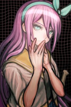 Rule 34 | 1girl, adversarial noise, aqua eyes, aqua hairband, aubrey (faraway) (omori), aubrey (omori), baseball bat, black background, black shirt, blue pants, bow hairband, breasts, chinese commentary, closed mouth, commentary, danganronpa (series), denim, dikeer29463, double-parted bangs, frown, grid background, hair between eyes, hair over shoulder, hairband, hands on own chin, hands up, highres, jacket, jeans, komatsuzaki rui (style), long hair, looking at viewer, omori, open clothes, open jacket, own hands together, pants, sailor collar, shirt, short-sleeved jacket, short sleeves, simple background, small breasts, solo, tsurime, upper body, upturned eyes, very long hair, white jacket, yellow sailor collar