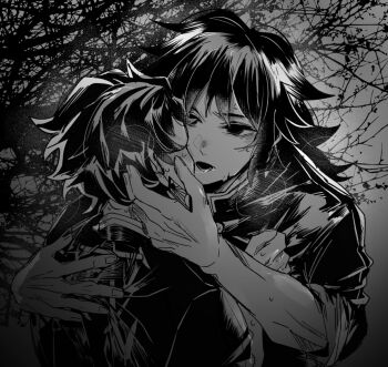 2boys after_kiss demon_slayer_uniform earrings empty_eyes fingernails from_behind greyscale hanafuda_earrings jacket jewelry kamado_tanjirou kimetsu_no_yaiba long_hair low_ponytail lower_teeth_only male_focus monochrome multiple_boys open_mouth ponytail saliva saliva_trail short_hair spiked_hair sui_gytn sweat teeth tomioka_giyuu tree upper_body yaoi