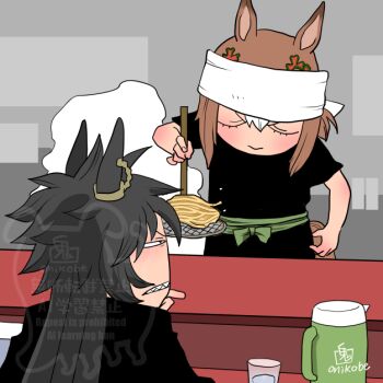 Rule 34 | 2girls, air shakur (umamusume), animal ears, black shirt, blush, brown hair, closed eyes, closed mouth, clover hair ornament, commentary request, counter, cup, fine motion (umamusume), food, hair ornament, horse ears, horse girl, horse tail, long hair, multiple girls, noodle strainer, noodles, onikobe rin, ramen, sharp teeth, shirt, smile, strainer, tail, teeth, umamusume, upper body, water, watermark