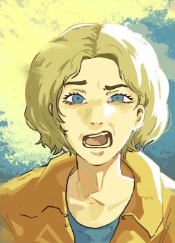 1girl blue_eyes blue_shirt brown_hair carol_sturka collared_jacket commentary english_commentary eyelashes fujimoto_tatsuki_(style) highres jacket looking_at_viewer muoi_art open_mouth pluribus_(tv_series) shirt short_hair shouting solo upper_body yellow_jacket