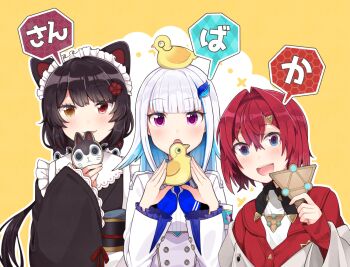 3girls :d :o ange_katrina ange_katrina_(1st_costume) animal animal_ears animal_hair_ornament animal_on_head bird bird_on_head black_hair black_kimono black_sash blue_eyes blue_hair blue_neckerchief blunt_bangs blush buttons cardigan colored_inner_hair colored_speech_bubble commentary_request crossed_bangs dog_ears dog_girl double-breasted eyelashes fangs flower frilled_sleeves frills gradient_eyes group_name group_picture hair_between_eyes hair_flower hair_intakes hair_ornament hand_up hands_up heterochromia holding inui_toko inui_toko_(1st_costume) japanese_clothes kimono lize_helesta lize_helesta_(1st_costume) long_hair long_sleeves looking_at_viewer maid_headdress mitsumine_(ookami_no_oyashiro) monocle multicolored_eyes multicolored_hair multiple_girls neckerchief nibbling nijisanji obi obiage obijime off_shoulder on_head open_mouth outline purple_eyes red_cardigan red_eyes red_hair sanbaka_(nijisanji) sash sebastian_piyodore short_hair shrug_(clothing) sleeves_past_wrists smile speech_bubble streaked_hair teeth triangle_hair_ornament two-tone_hair upper_teeth_only virtual_youtuber white_hair white_headdress white_outline white_shrug yellow_background yellow_bird yellow_eyes