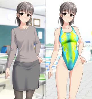 Rule 34 | 1girl, absurdres, blue one-piece swimsuit, breasts, brown eyes, brown hair, classroom, closed mouth, clothes writing, commentary request, competition swimsuit, covered navel, green one-piece swimsuit, highleg, highleg one-piece swimsuit, highres, indoors, jewelry, looking at viewer, mature female, multicolored swimsuit, necklace, one-piece swimsuit, original, outdoors, paid reward available, pantyhose, ponytail, pool, smile, solo, sweater, swimsuit, takafumi, teacher