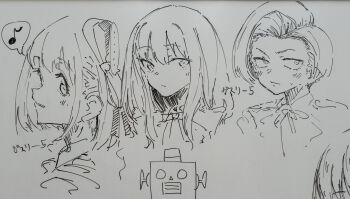 Rule 34 | 3girls, absurdres, closed mouth, cropped torso, gasuri govan, greyscale, hair ribbon, harukawa fuki, highres, inoue takina, long hair, lycoris recoil, monochrome, multiple girls, musical note, nishikigi chisato, non-web source, one side up, photo (medium), ribbon, robota (lycoris recoil), short hair, sidelocks, signature, spoken musical note, sweatdrop, white background, whiteboard (medium)