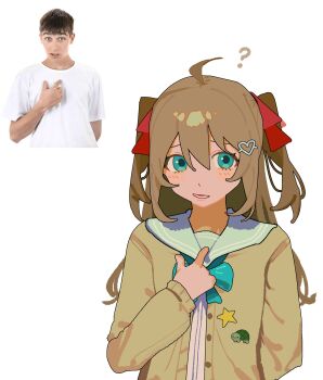 1girl :d ? absurdres ahoge aqua_bow aqua_bowtie arm_behind_back blue_eyes blue_sailor_collar bow bowtie brown_hair cardigan guy_pointing_at_himself_(meme) hair_between_eyes hair_ornament hair_ribbon hand_on_own_chest hashtag-only_commentary heart heart_hair_ornament highres light_blush long_hair long_sleeves looking_at_viewer lower_teeth_only meme meme_request neuro-sama open_cardigan open_clothes open_mouth pointing pointing_at_self raised_eyebrows red_ribbon reference_inset ribbon sailor_collar selvha simple_background smile teeth two_side_up upper_body vedal_ai white_background yellow_cardigan