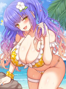 1girl :d bikini blue_nails blue_sky blurry blurry_background breasts cleavage cloud day floral_print floral_print_bikini flower gradient_hair hair_flower hair_ornament highres horizon kohibari_kurumi large_breasts looking_at_viewer multicolored_hair ocean open_mouth orange_hair outdoors palm_tree print_bikini purple_hair rock ryakusun scrunchie sidelocks sky smile solo standing swimsuit tenshi_souzou_re-boot! tree two-tone_hair v-shaped_eyebrows white_flower wrist_scrunchie yellow_bikini yellow_eyes