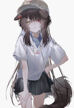 1girl absurdres animal_ears baseball_cap black_skirt brown_eyes brown_hair brown_hat closed_mouth commentary_request dog_ears dog_girl dog_tail drawstring grey_background grey_shirt hair_between_eyes haizome_senri hand_on_own_hip hand_on_own_thigh hat heterochromia highres hood hood_down hoodie inui_toko leaning_forward long_hair looking_at_viewer nijisanji pleated_skirt red_eyes shirt short_sleeves simple_background skirt smile solo tail very_long_hair virtual_youtuber white_hoodie