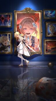 1girl absurdres aether_(genshin_impact) arm_armor ball_and_chain_restraint bare_shoulders black_gloves blonde_hair boots breasts brown_hair chain clenched_hand commentary_request crown crying crying_with_eyes_open detached_sleeves direidyth_(genshin_impact) dress feather_hair_ornament feathers flower from_side full_body genshin_impact gloves hair_flower hair_ornament highres holding indoors looking_at_viewer lumine_(genshin_impact) medium_breasts open_mouth painting_(object) parted_lips partially_fingerless_gloves portrait_(object) purple_eyes reflection reflective_floor short_hair_with_long_locks solo tears teeth thigh_boots tile_floor tiles unworn_crown warp226 white_boots white_dress yellow_eyes