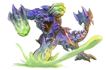 Rule 34 | blue scales, brachydios, garrett hanna, highres, horns, monster, monster focus, monster hunter (series), no humans, open mouth, red eyes, scales, sharp teeth, single horn, slime (substance), solid eye, solo, spiked tail, tail, teeth, white background