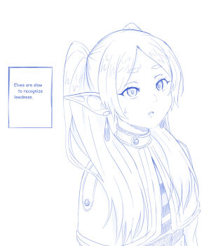 1girl clueless dialogue_box earrings elf english_text frieren highres jewelry long_hair looking_to_the_side meme monochrome open_mouth pointy_ears solo sousou_no_frieren sweatdrop text_focus viperxtr white_background