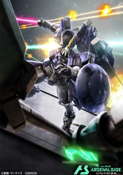 assault_visor card_(medium) commentary_request copyright_name copyright_notice energy_sword green_visor gundam gundam_arsenal_base gundam_wing holding holding_weapon igaraigara mecha mecha_focus mobile_suit no_humans official_art robot science_fiction space sword tallgeese_ii weapon