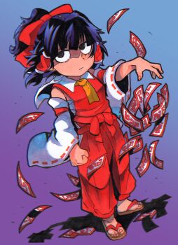 1girl :| ascot black_eyes black_hair blue_background bow chest_sarashi clenched_hand closed_mouth commentary_request detached_sleeves dot_nose dropping dutch_angle floating_hair full_body gradient_background hair_bow hair_tubes hakama hakama_pants hakurei_reimu highres inuyama_konan japanese_clothes medium_hair ofuda pants purple_background red_bow red_hakama red_shirt ribbon-trimmed_sleeves ribbon_trim sandals sarashi shirt sleeveless sleeveless_shirt standing touhou waist_bow yellow_ascot zouri