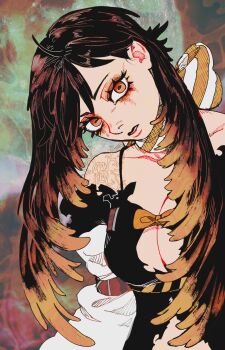 1girl amo_empool artist_name black_dress black_hair breasts colorful_background detached_sleeves dress gachiakuta gradient_hair head_tilt highres horizontal_pupils large_breasts long_hair looking_at_viewer mewiyev multicolored_hair orange_eyes orange_hair parted_lips solo two-tone_hair upper_body very_long_hair white_sleeves