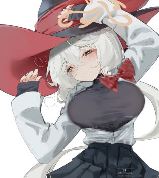 1girl arm_over_head black_shirt black_skirt blue_archive bow bowtie breasts breasts_out bursting_breasts commentary english_commentary eri_(blue_archive) hair_between_eyes halo hat highres jacket kebohan large_breasts looking_at_viewer motion_blur motion_lines orange_eyes orange_halo red_bow red_bowtie shirt skirt sleepy twitter_username very_long_sleeves wardrobe_malfunction white_background white_hair white_jacket white_shirt witch witch_hat