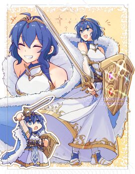 1girl ahoge alonemistrist armpits bare_shoulders binding_shield blue_cape blue_eyes blue_hair breasts cape closed_eyes commentary commission cosplay detached_sleeves dress english_commentary falchion_(fire_emblem) female_morgan_(fire_emblem) fire_emblem fire_emblem_awakening fire_emblem_cipher fur-trimmed_cape fur_trim grin highres holding holding_shield holding_sword holding_weapon lucina_(fire_emblem) lucina_(fire_emblem)_(cosplay) lucina_(hope-ruling_queen)_(fire_emblem) nintendo open_mouth see-through_clothes see-through_sleeves shield short_hair smile sword teeth tiara weapon white_dress