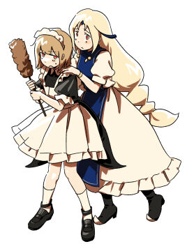 Rule 34 | 2girls, :o, adjusting another's hair, apron, black boots, black dress, black shoes, blonde hair, blue tabard, boots, braid, brown hair, character request, closed mouth, copyright request, curtained hair, dress, duster, feather duster, frilled dress, frills, gold wrist cuffs, highres, holding, holding duster, light blush, light frown, long hair, maid apron, maid headdress, multiple girls, nme 0039, open mouth, puffy short sleeves, puffy sleeves, red eyes, shoes, short hair, short sleeves, simple background, socks, sweatdrop, swept bangs, tabard, twin braids, v-shaped eyebrows, very long hair, white background, white dress, white socks