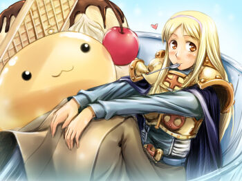 1girl :3 armor blonde_hair blue_cape blue_shirt blush breastplate brown_eyes brown_skirt cape cherry chocolate_syrup closed_mouth commentary_request crusader_(ragnarok_online) drops_(ragnarok_online) feet_out_of_frame food fruit hairband heart highres ice_cream looking_at_viewer murasaki_kajima oversized_food oversized_object pauldrons purple_hairband ragnarok_online shirt shoulder_armor sitting skirt slime_(creature) smile solo spoon utensil_in_mouth wafer