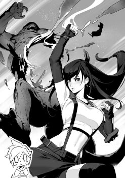 Rule 34 | 1boy, 1girl, absurdres, armpits, black thighhighs, bracelet, chibi, clenched hands, cloud strife, crop top, earrings, elbow gloves, final fantasy, final fantasy vii, final fantasy vii remake, fingerless gloves, gloves, greyscale, highres, jewelry, long hair, looking at viewer, low-tied long hair, monochrome, monster, navel, parted lips, patipat asavasena, shorts, shorts under skirt, skirt, stomach, suspenders, sweat, tank top, thighhighs, tifa lockhart, uppercut