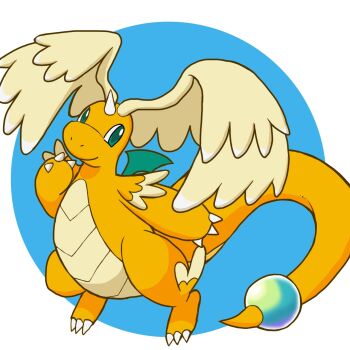 aqua_eyes arm_at_side blue_background border claws closed_mouth dragon dragonite feathered_wings full_body gen_1_pokemon hand_to_own_mouth hand_up happy head_wings highres looking_to_the_side mega_dragonite monya nintendo outside_border pokemon pokemon_(creature) simple_background smile white_border wings