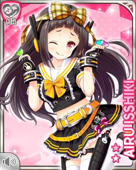 1girl ;p black_serafuku black_shirt black_shoes black_skirt blunt_bangs bow bowtie breasts brown_hair card_(medium) character_name clenched_hands fingerless_gloves girlfriend_(kari) gloves hair_bow heart isshiki_airu large_breasts long_hair looking_at_viewer midriff miniskirt navel official_art one_eye_closed pink_background plaid_bow plaid_clothes pleated_skirt qp:flapper raised_inner_eyebrows red_eyes sailor_collar sailor_shirt school_uniform serafuku shirt shoes short_sleeves skirt smile solo standing thighhighs thighs tongue tongue_out white_thighhighs yellow_bow yellow_bowtie zettai_ryouiki