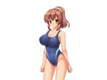 1girl :t anger_vein aomi_riru blue_one-piece_swimsuit blush breasts brown_eyes brown_hair cleavage closed_mouth collarbone covered_erect_nipples covered_navel cowboy_shot game_asset hair_between_eyes large_breasts large_variant_set non-web_source official_art one-piece_swimsuit ponytail school_swimsuit self-datamine sidelocks simple_background solo standing swimsuit tachi-e tan toriumi_hinata transparent_background v-shaped_eyebrows variant_set yumemi_ga_cheek!