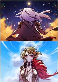 1boy 1girl blonde_hair cape closed_mouth cloud day don_quixote_(project_moon) floating_hair gold_trim highres la_manchaland&#039;s_don_quixote_(project_moon) limbus_company long_hair night outdoors parted_bangs project_moon red_cape sancho_(project_moon) short_hair smile star_(symbol) suillus upper_body white_hair