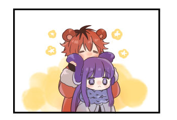 Rule 34 | 1boy, 1girl, :<, = =, bear boy, blush stickers, closed mouth, coat, commentary request, fern (sousou no frieren), fur-trimmed coat, fur trim, grey sweater, highres, kemonomimi mode, kmtakpk, long hair, looking ahead, open mouth, orange hair, playing with another's ears, purple eyes, purple hair, purple scarf, rabbit girl, red coat, scarf, short hair, smile, sousou no frieren, stark (sousou no frieren), sweater, upper body