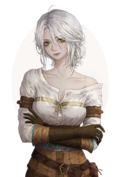 1girl absurdres artelsia belt brown_belt brown_corset brown_gloves ciri collarbone corset crossed_arms facial_scar gloves green_eyes highres looking_at_viewer scar scar_on_cheek scar_on_face shirt solo the_witcher_(series) the_witcher_3 upper_body white_background white_hair white_shirt