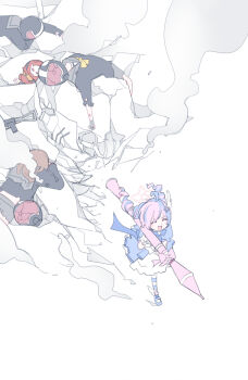 Rule 34 | 5girls, :d, ^ ^, black gloves, black helmet, black shirt, blue archive, blue bow, blue bowtie, blue dress, blue hair, blue pantyhose, blue shoes, bow, bowtie, brown hair, closed eyes, commentary, cracked helmet, cute weapon, dress, drill hair, gloves, grey sailor collar, hair ornament, hashtag-only commentary, helmet, helmet gang officer (blue archive), helmet gangster (blue archive), holding, holding rocket launcher, holding weapon, long hair, long sleeves, magical girl, mary janes, multicolored hair, multiple girls, official alternate costume, open mouth, pantyhose, partially fingerless gloves, pink hair, red helmet, reisa (blue archive), reisa (magical) (blue archive), rocket launcher, rpg (weapon), rubble, running, sailor collar, school uniform, serafuku, shirt, shoes, smile, smoke, star (symbol), star hair ornament, streaked hair, striped clothes, striped pantyhose, tokomichi, twin drills, two-tone hair, unworn headwear, unworn helmet, v-shaped eyebrows, weapon, white background, yellow bow, yellow bowtie