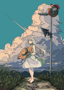 1girl absurdres barefoot blue_eyes blue_sky cloud cloudy_sky commentary_request contrail day dress expressionless floating_clothes floating_hair full_body grass grey_dress grey_hair hat highres holding holding_unworn_clothes holding_unworn_hat ligne_claire long_hair mountainous_horizon original outdoors parted_lips path pole road sandals scenery shoes sky sleeveless sleeveless_dress solo standing straw_hat summer tattsun_(ta_tsuki) unworn_hat unworn_headwear unworn_shoes