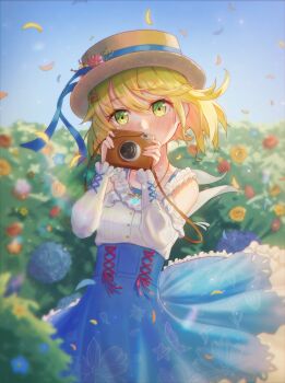 1girl absurdres blonde_hair blue_skirt blue_sky bush camera collarbone floral_print floral_print_skirt flower flowingcrescent hat heaven_burns_red highres irene_redmayne looking_at_viewer official_alternate_costume petals print_skirt short_hair skirt sky yellow_eyes