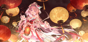 1girl absurdres architecture braid braided_bangs breasts chinese_commentary cleavage commentary_request cowboy_shot dress east_asian_architecture elysia_(hi_love_elf)_(honkai_impact) elysia_(honkai_impact) gloves hair_ornament hat heart heart_hair_ornament highres holding holding_lantern honkai_(series) honkai_impact_3rd instrument jiu_dao_fan_yin lantern long_hair looking_at_viewer medium_breasts multicolored_hair night outdoors paper_lantern pink_hair pointy_ears purple_eyes single_bare_shoulder single_glove smile solo streaked_hair trumpet very_long_hair white_dress white_gloves white_hat