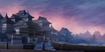 Rule 34 | arch, architecture, boat, building, east asian architecture, game cg, highres, no humans, official art, outdoors, pier, purple sky, rope, scenery, sky, third-party source, touhou, touhou lostword, tunnel, twilight, water, watercraft
