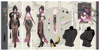 1girl absurdres backless_outfit bad_source bare_shoulders black_hair breasts bridal_gauntlets brown_pantyhose center_opening chain china_dress chinese_clothes colored_smoke contrapposto dress expressionless feather_boa folding_screen_background from_behind from_side gold_chain green_background hair_ornament hairpin high_heels highres jewelry large_breasts lyris-sama multicolored_hair multiple_views navel original pantyhose pink_hair reference_sheet round_eyewear second-party_source smoke smoking_pipe tassel two-tone_hair yuyan_(ryuuyan)